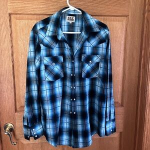 Ely Cattleman blue plaid pearl snap, Western shirt